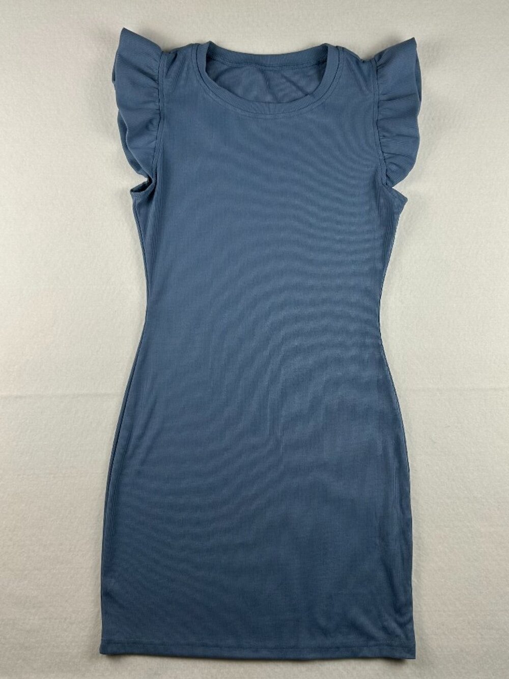 Blue Sleeveless Ribbed Mini Dress with Ruffle Details, size M